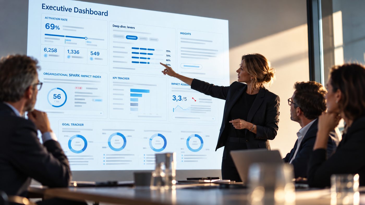 Beispielansicht des Executive Dashboards mit Organizational Impact Index, Impact Score, Risk Mitigation Index und Mustern über alle Teams
