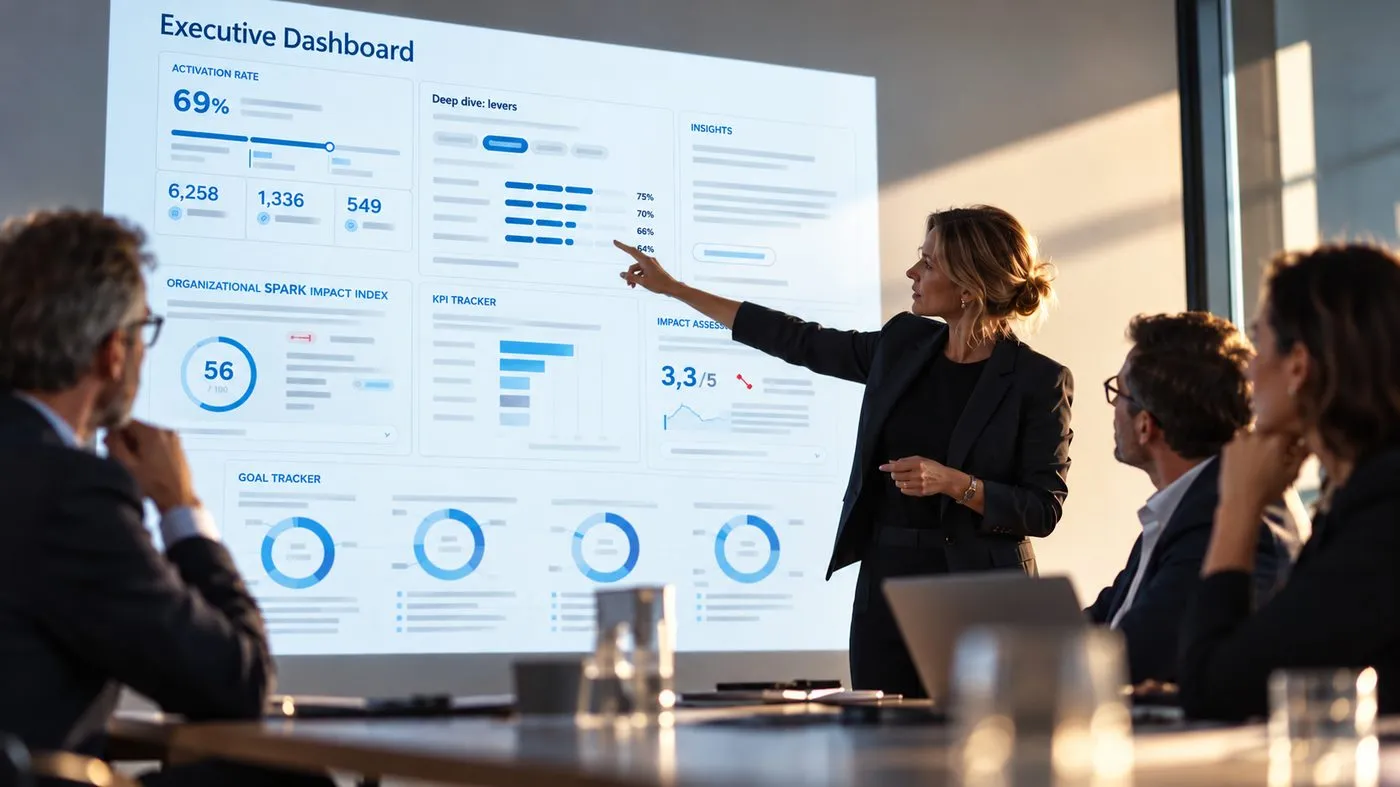 Beispielansicht des Executive Dashboards mit Organizational Impact Index, Impact Score, Risk Mitigation Index und Mustern über alle Teams